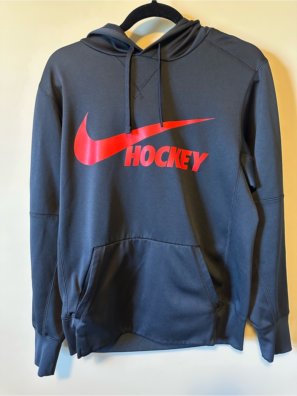 Nike Men's Black Crewneck Hoodie with Red Swoosh Hockey Logo